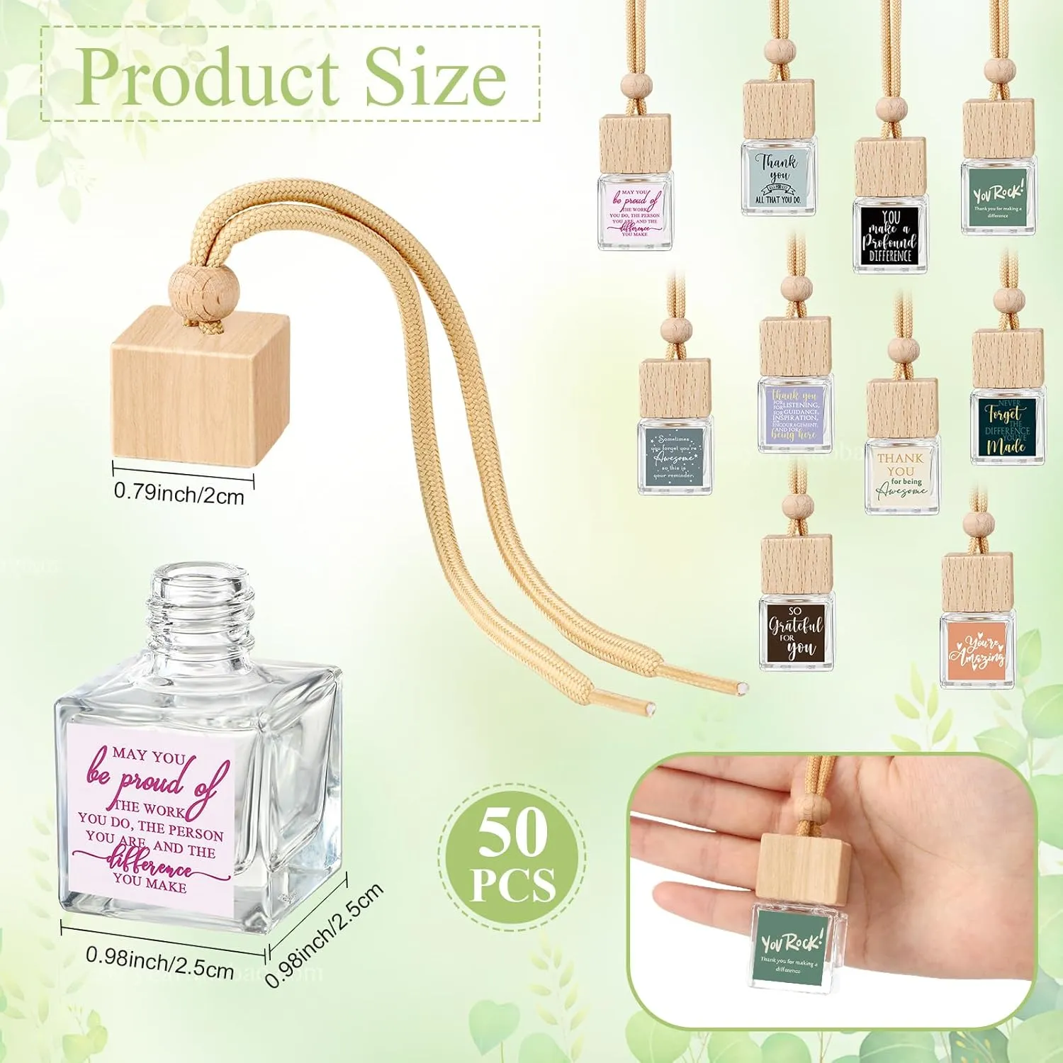 Havawish 50 Pcs Appreciation Gift Bulk for Employee Staff Empty Glass Essential Oil Diffuser Car Air Freshener Diffuser for Teachers Hanging Ornament Inspirational Team Thank You Gift