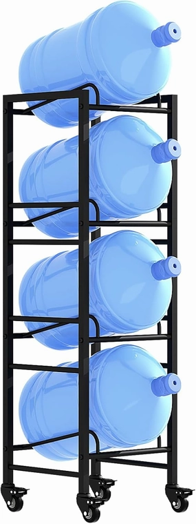 Heavy Duty 4 Tier Water Rack with 4 Wheels - Space Saving Stand for Four 5 Gallon Jugs, Black