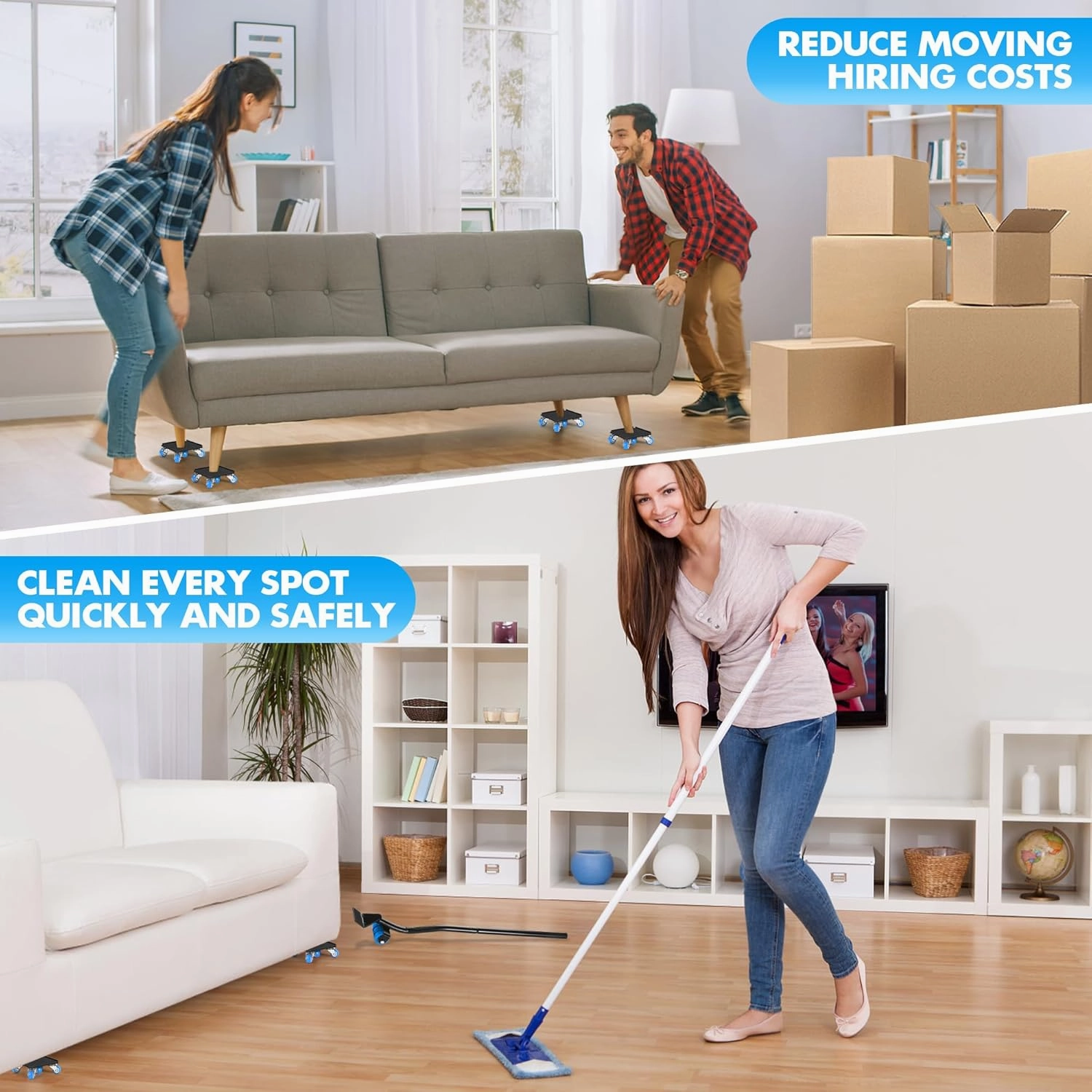 Heavy Duty Furniture Moving Tool Set, Supports up to 1000 Pounds, 5 Wheel Metal Furniture Mover, Furniture Dolly, Appliance Furniture Sliders with Wheels, Furniture Lifter Tool (Blue, 4.3" x4.3")