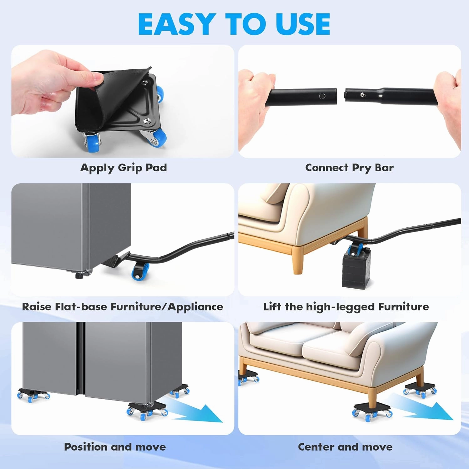Heavy Duty Furniture Moving Tool Set, Supports up to 1000 Pounds, 5 Wheel Metal Furniture Mover, Furniture Dolly, Appliance Furniture Sliders with Wheels, Furniture Lifter Tool (Blue, 4.3" x4.3")
