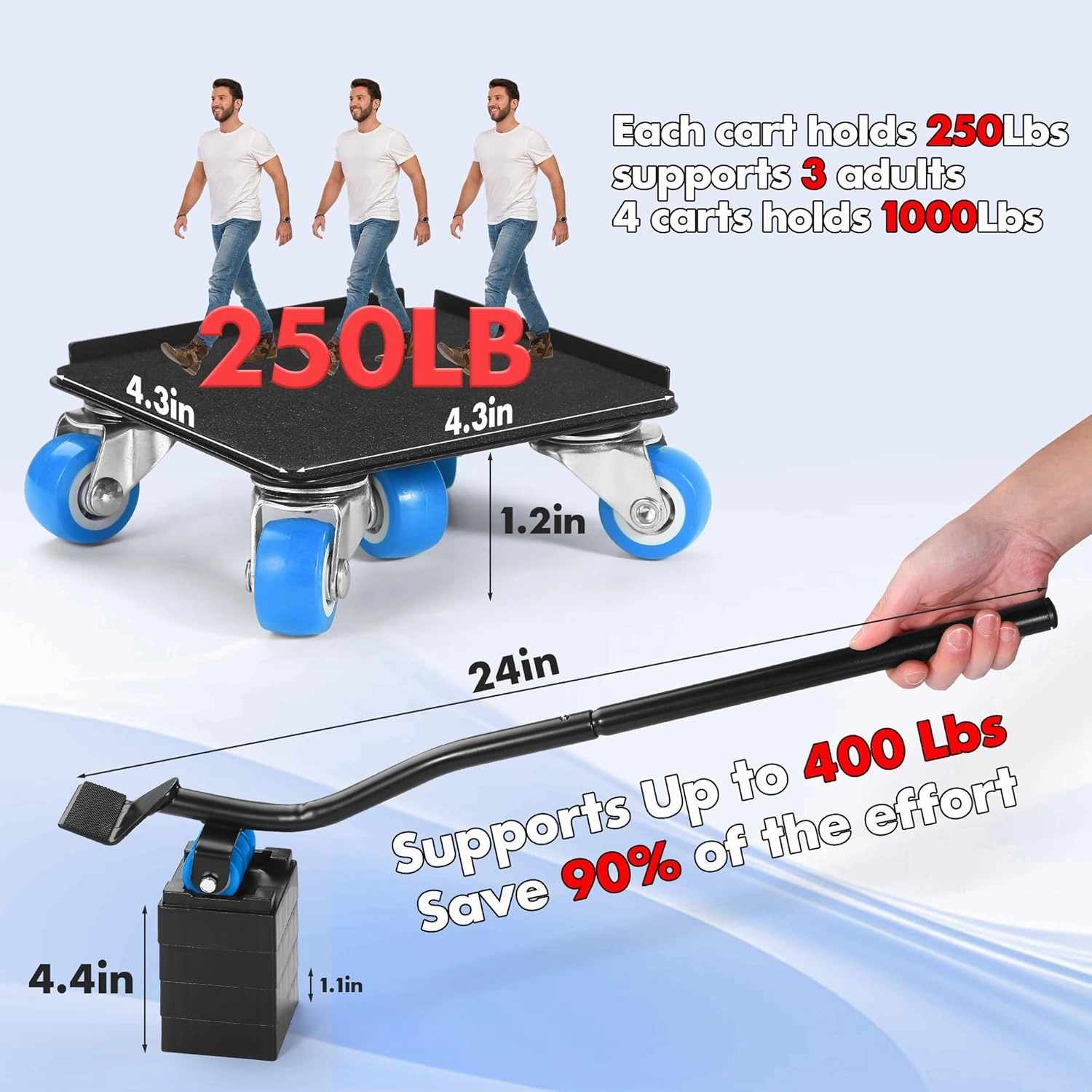 Heavy Duty Furniture Moving Tool Set, Supports up to 1000 Pounds, 5 Wheel Metal Furniture Mover, Furniture Dolly, Appliance Furniture Sliders with Wheels, Furniture Lifter Tool (Blue, 4.3" x4.3")