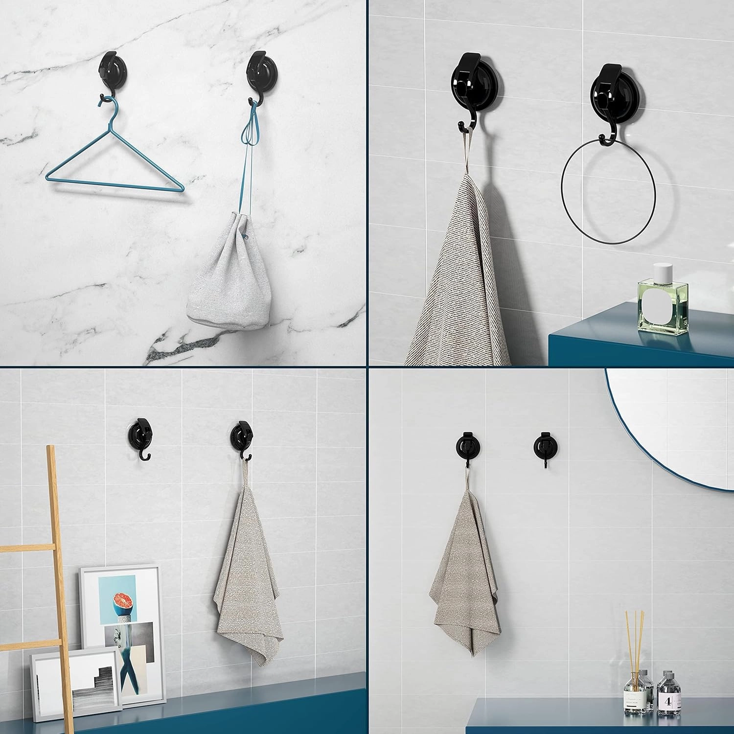 Heavy Duty Vacuum Suction Cup Hooks, Matte Black Plated Polished Super Suction for Kitchen Bathroom, 4 Pack