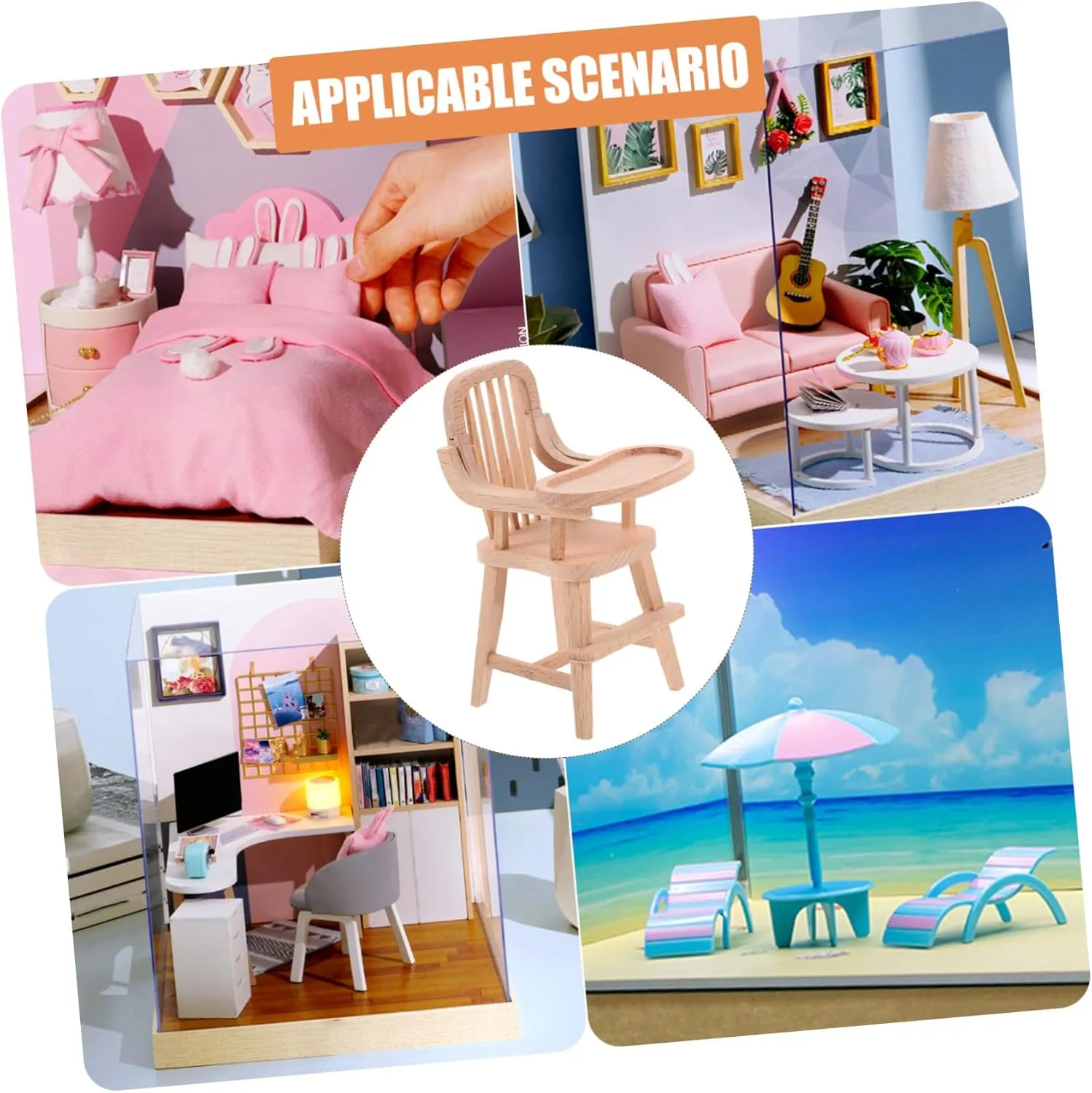 Hemoton 3pcs Adorable Wooden Dollhouse Mini Highchair Compact Furniture for Dolls Accessory for Miniature Kitchen and Dining Decor Unfinished Design