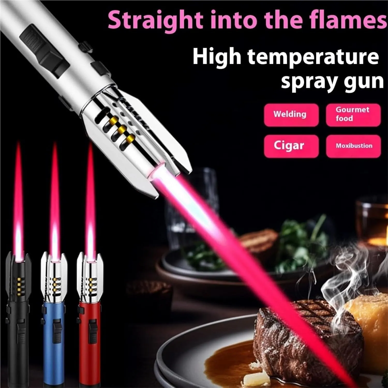 High temperature resistant torch windproof lighter, outdoor adventure fire-making tool, butane gas large flame lighter, refillable, metal lighter suitable for kitchen cooking outdoor camping(Red)