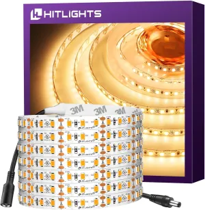 HitLights LED Strip Lights Warm White 3000K, 16.4ft High Density Tape Light, UL-Listed, 600 LEDs, 300Lm/ft, 12V Flexible Dimmable Rope Lights for Bedroom, Kitchen, Cabinet (Power Source Not Included)