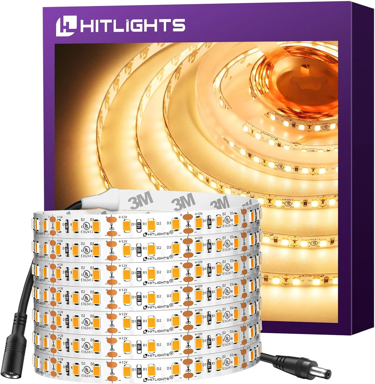 HitLights LED Strip Lights Warm White 3000K, 16.4ft High Density Tape Light, UL-Listed, 600 LEDs, 300Lm/ft, 12V Flexible Dimmable Rope Lights for Bedroom, Kitchen, Cabinet (Power Source Not Included)