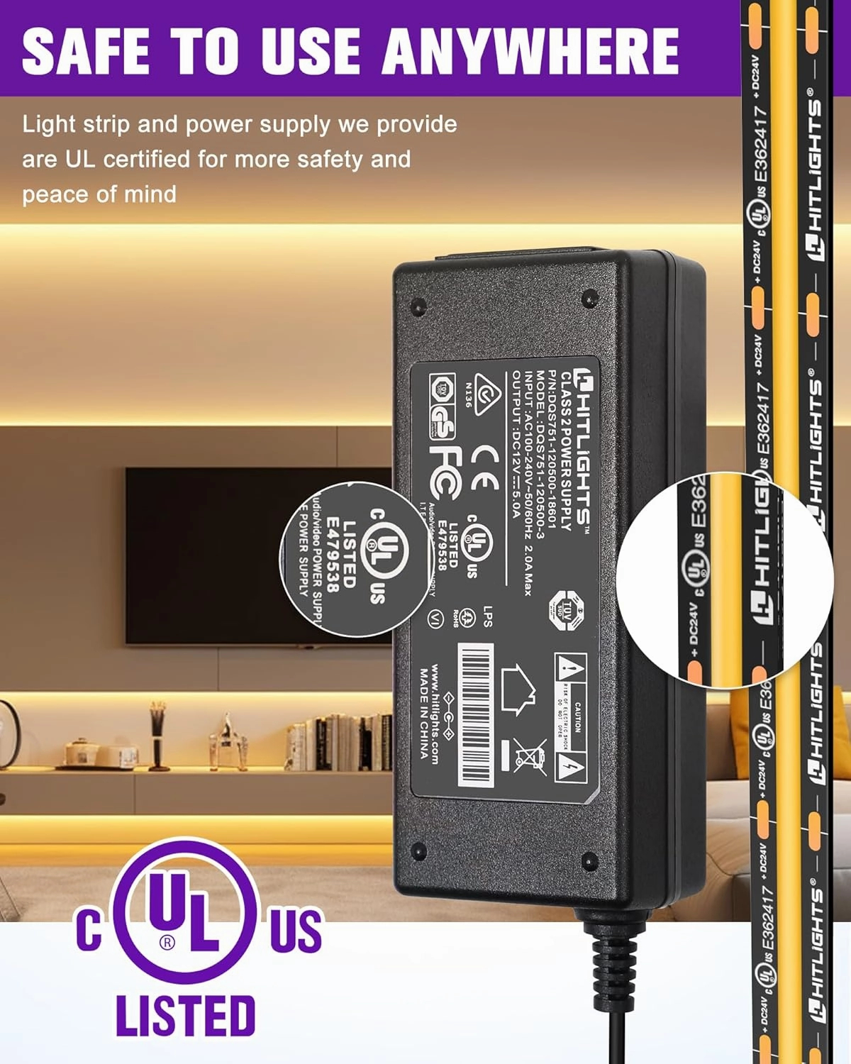 HitLights COB LED Strip Lights Kit Warm White with Remote & 12V Power Supply,16.4ft Dimmable Tape Light 3000K, 2400LEDs, 305 Lm/ft, UL Listed, Flexible Rope Lights for Bedroom Kitchen Cabinet Lighting