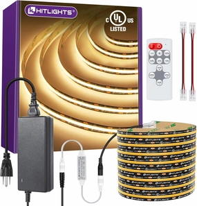 HitLights COB LED Strip Lights Kit Warm White with Remote & 12V Power Supply,16.4ft Dimmable Tape Light 3000K, 2400LEDs, 305 Lm/ft, UL Listed, Flexible Rope Lights for Bedroom Kitchen Cabinet Lighting