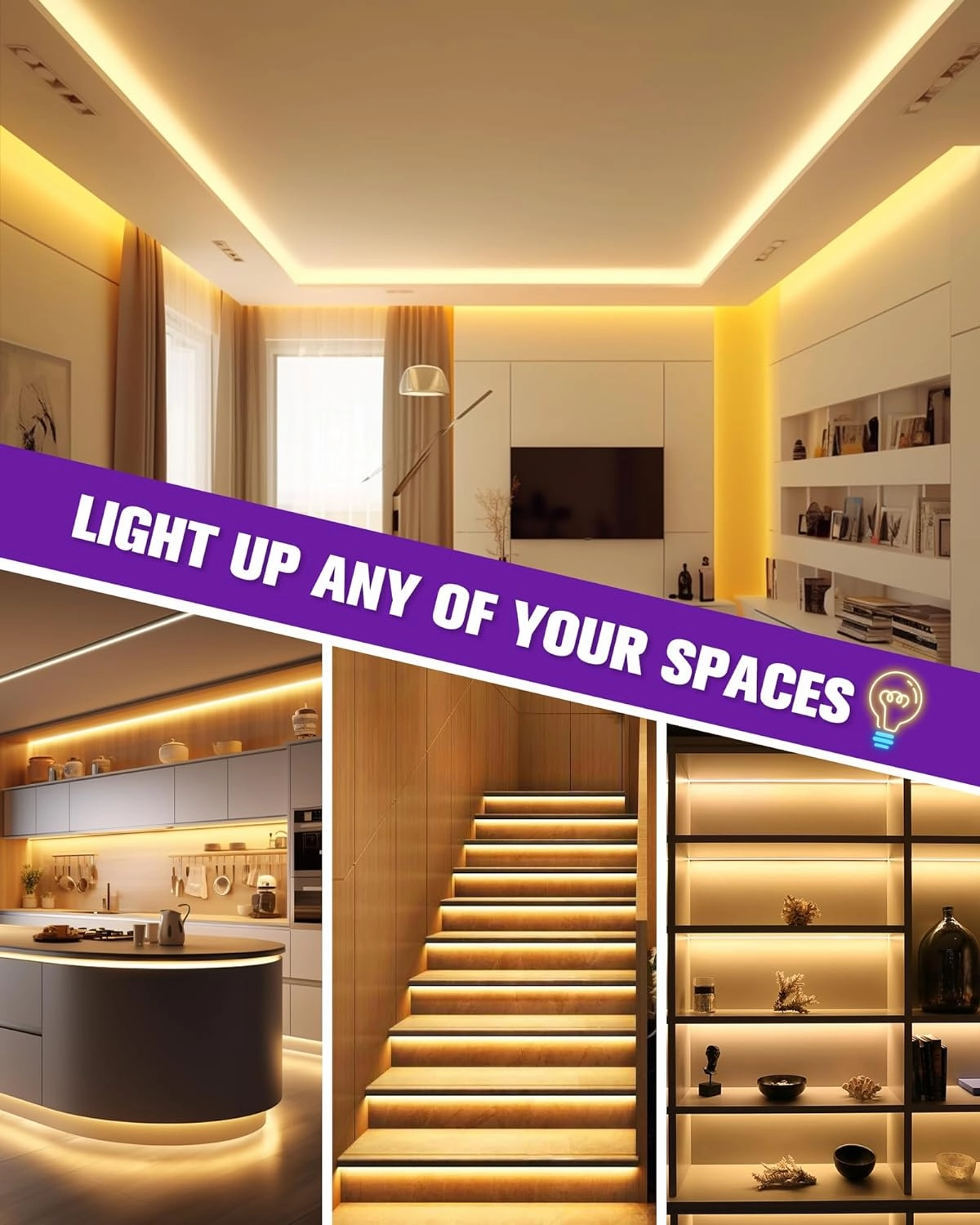 HitLights COB LED Strip Lights Kit Warm White with Remote & 12V Power Supply,16.4ft Dimmable Tape Light 3000K, 2400LEDs, 305 Lm/ft, UL Listed, Flexible Rope Lights for Bedroom Kitchen Cabinet Lighting