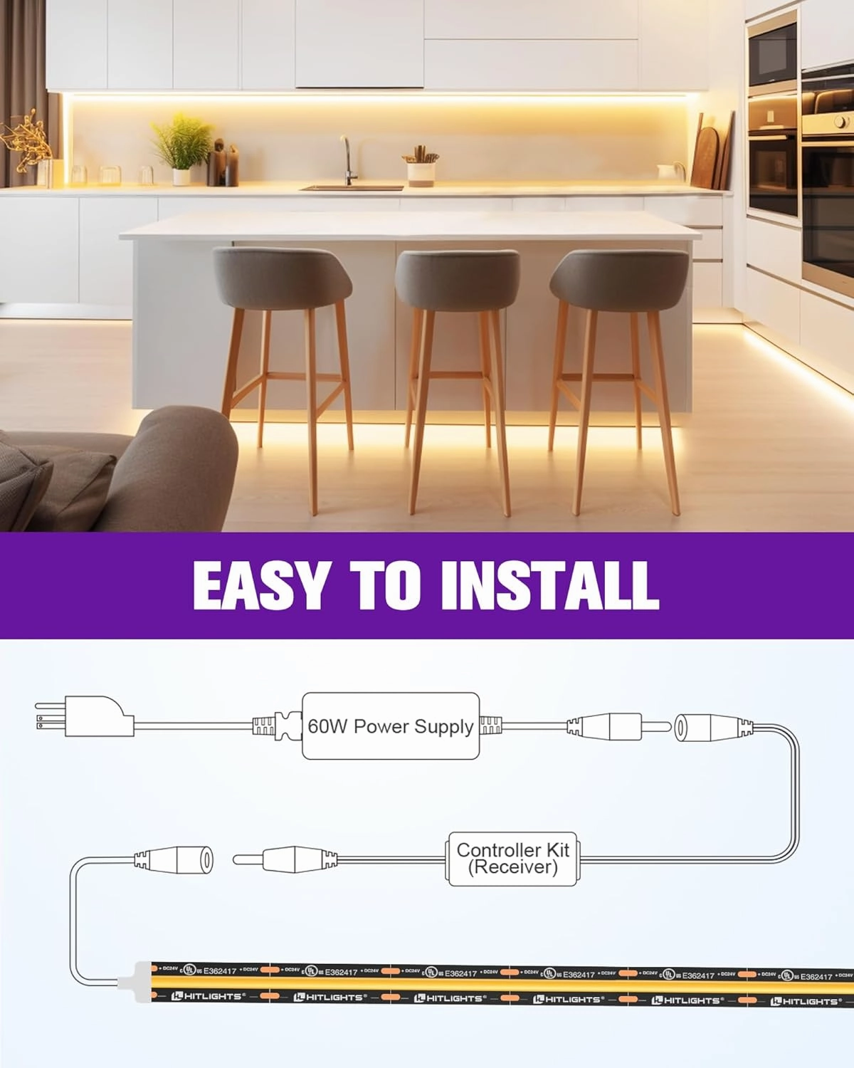 HitLights COB LED Strip Lights Kit Warm White with Remote & 12V Power Supply,16.4ft Dimmable Tape Light 3000K, 2400LEDs, 305 Lm/ft, UL Listed, Flexible Rope Lights for Bedroom Kitchen Cabinet Lighting