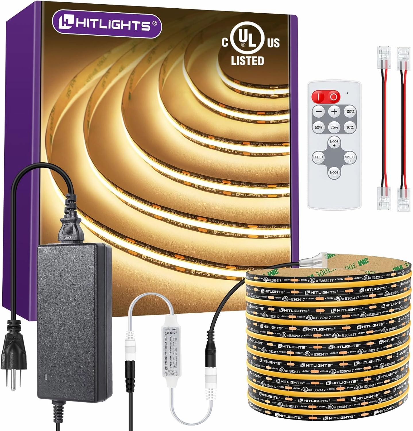 HitLights COB LED Strip Lights Kit Warm White with Remote & 12V Power Supply,16.4ft Dimmable Tape Light 3000K, 2400LEDs, 305 Lm/ft, UL Listed, Flexible Rope Lights for Bedroom Kitchen Cabinet Lighting