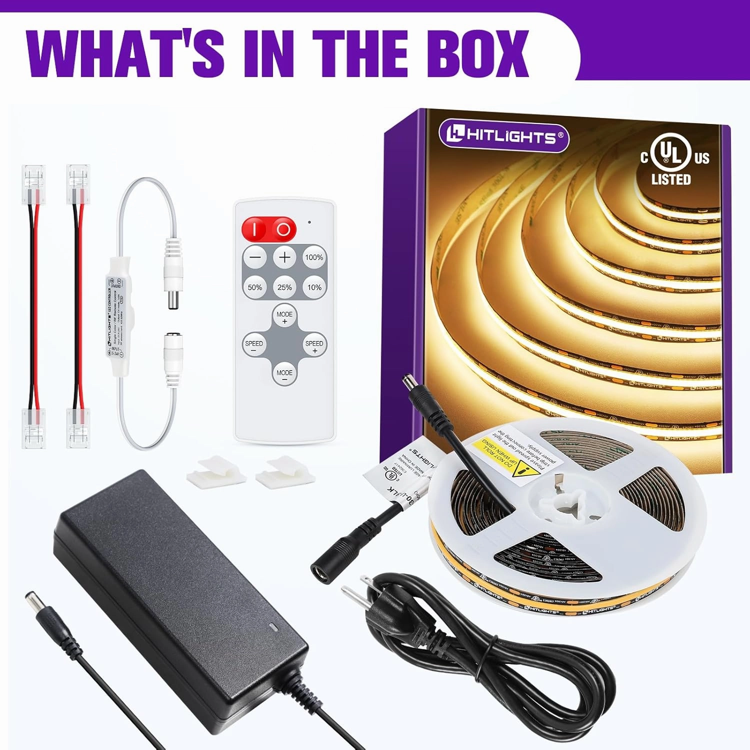 HitLights COB LED Strip Lights Kit Warm White with Remote & 12V Power Supply,16.4ft Dimmable Tape Light 3000K, 2400LEDs, 305 Lm/ft, UL Listed, Flexible Rope Lights for Bedroom Kitchen Cabinet Lighting
