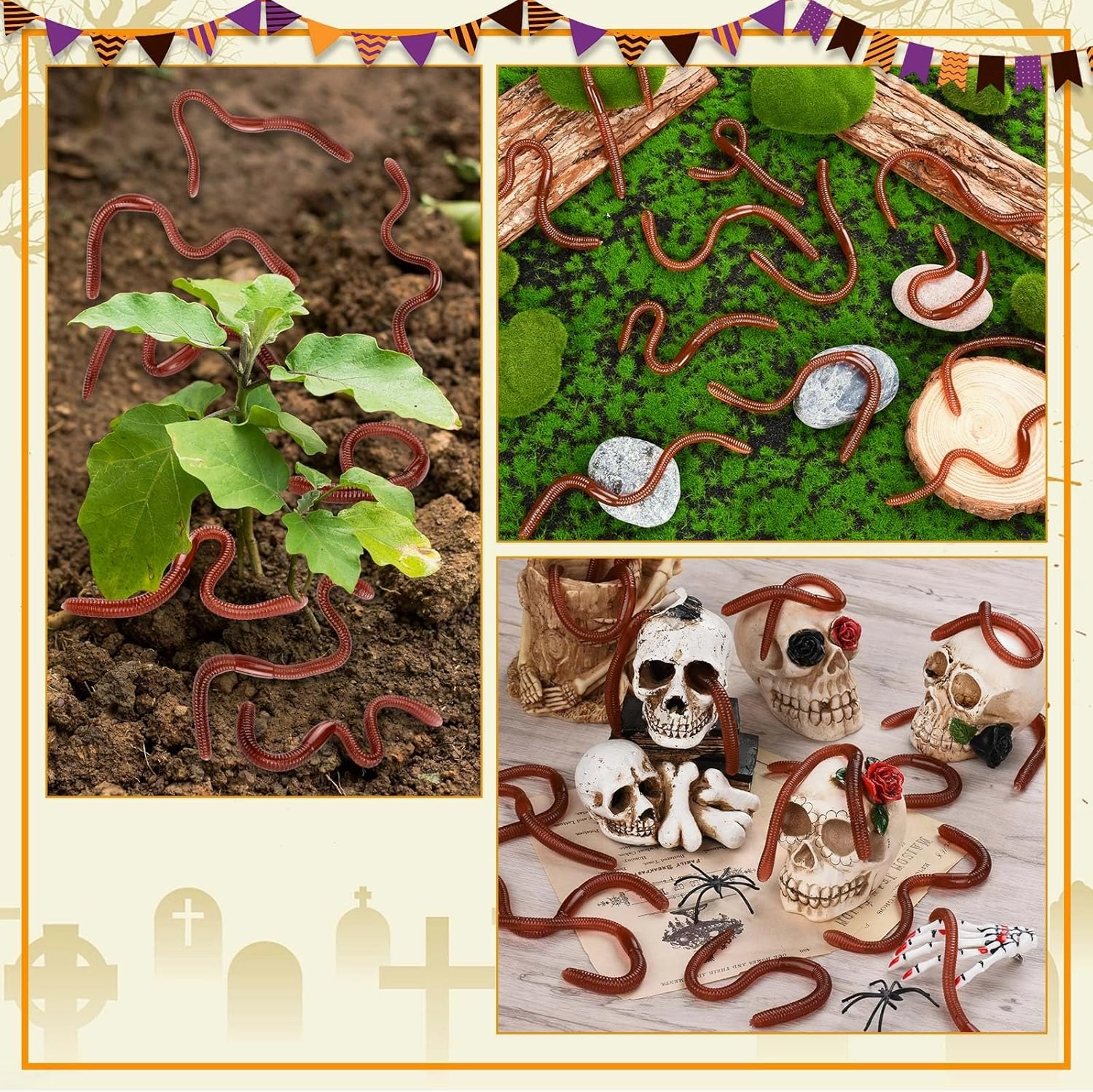 HLARTNET 50 Pcs Fake Earthworm - Soft Stretchy Rubber Earthworm Lifelike Plastic Worm Trick for Halloween April Fool's Day Party Decoration, 7 Inch