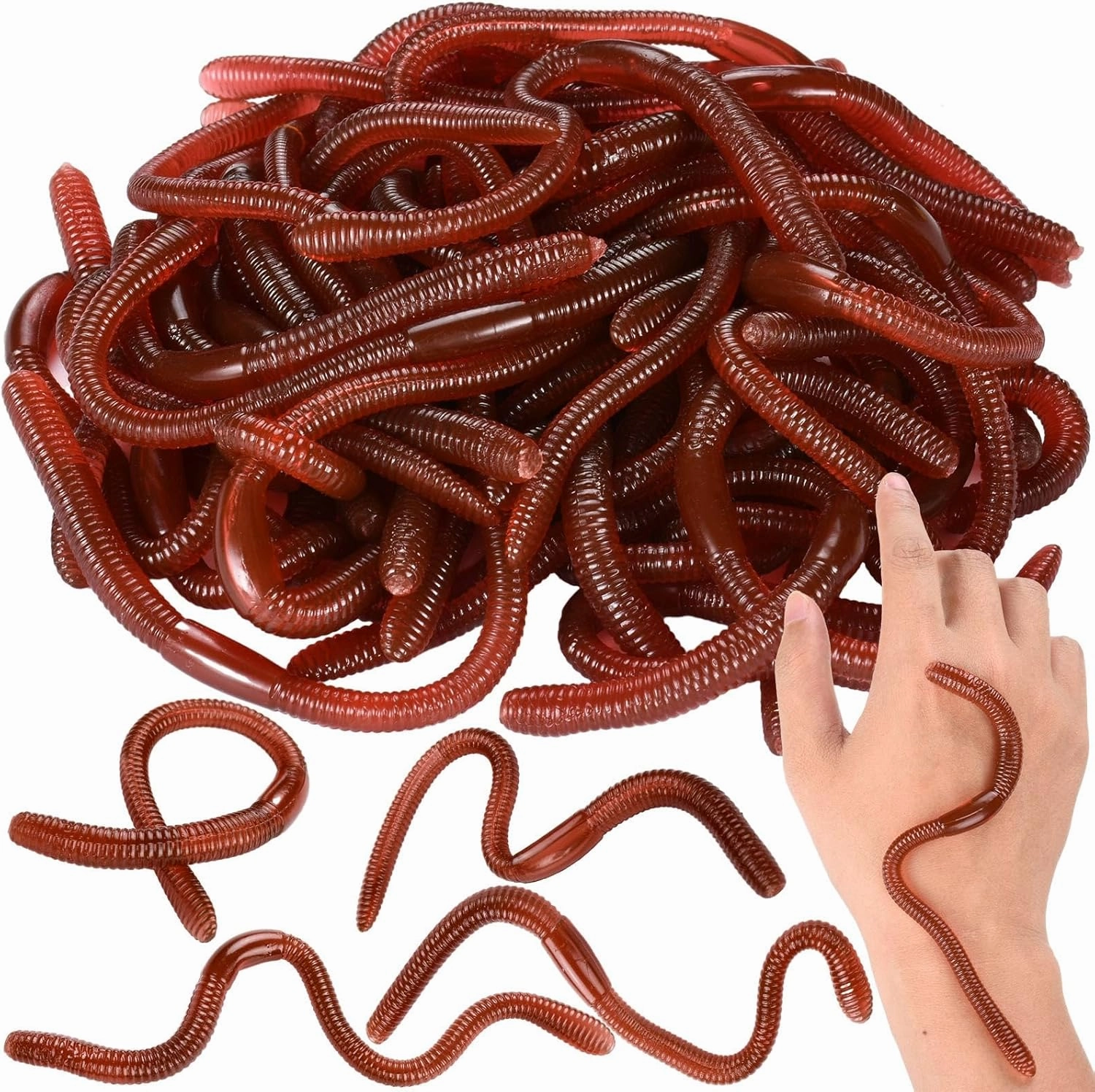 HLARTNET 50 Pcs Fake Earthworm - Soft Stretchy Rubber Earthworm Lifelike Plastic Worm Trick for Halloween April Fool's Day Party Decoration, 7 Inch