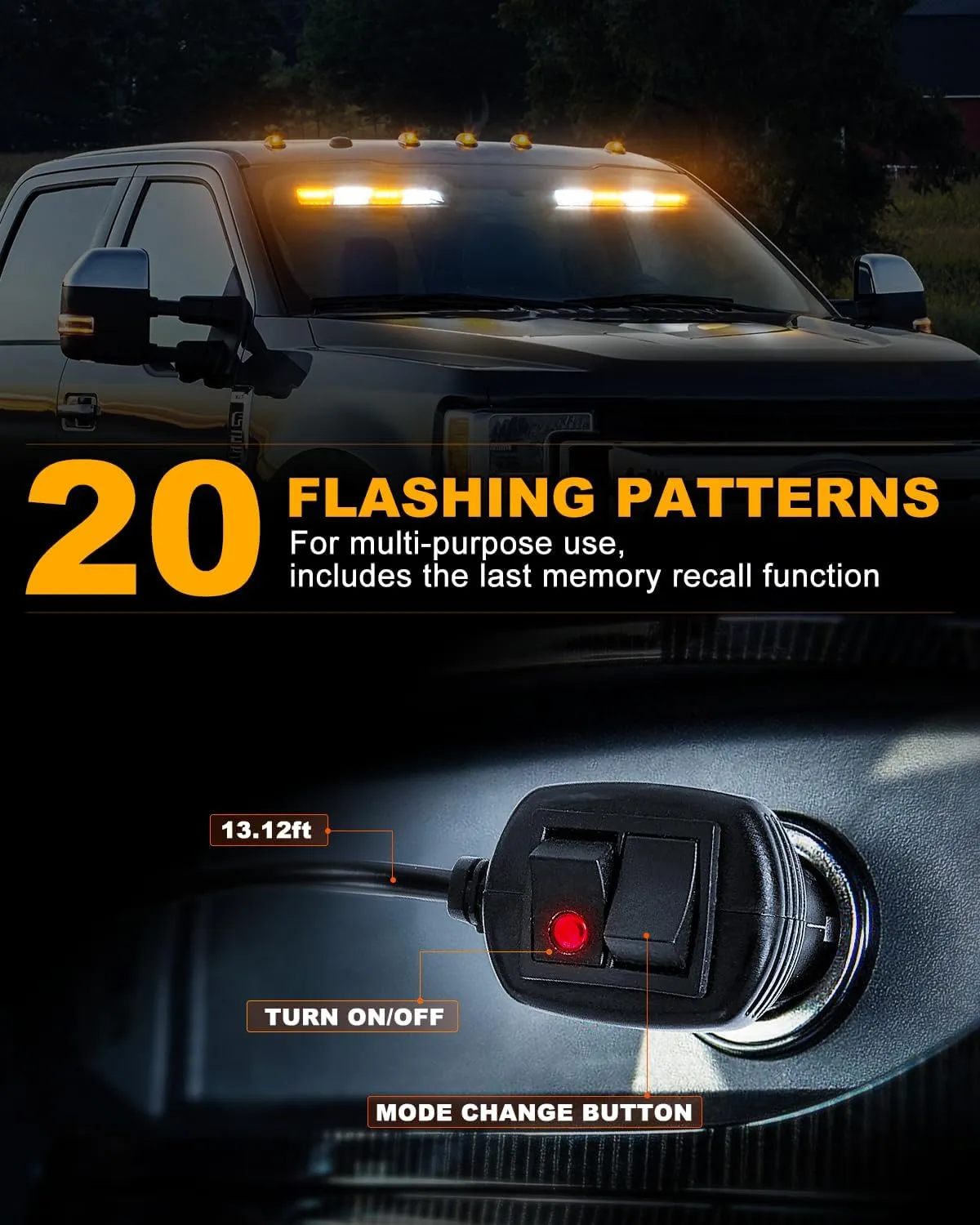 HLAUTO 6Z4J Emergency Dash Strobe Lights: 2x16.8 inch Amber White Safety Lights, 48 LED Flashing Warning Hazard Interior Windshield Visor Traffic Light Bars for Trucks, Construction Vehicles