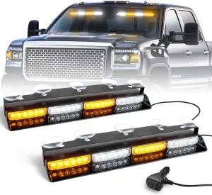 HLAUTO 6Z4J Emergency Dash Strobe Lights: 2x16.8 inch Amber White Safety Lights, 48 LED Flashing Warning Hazard Interior Windshield Visor Traffic Light Bars for Trucks, Construction Vehicles
