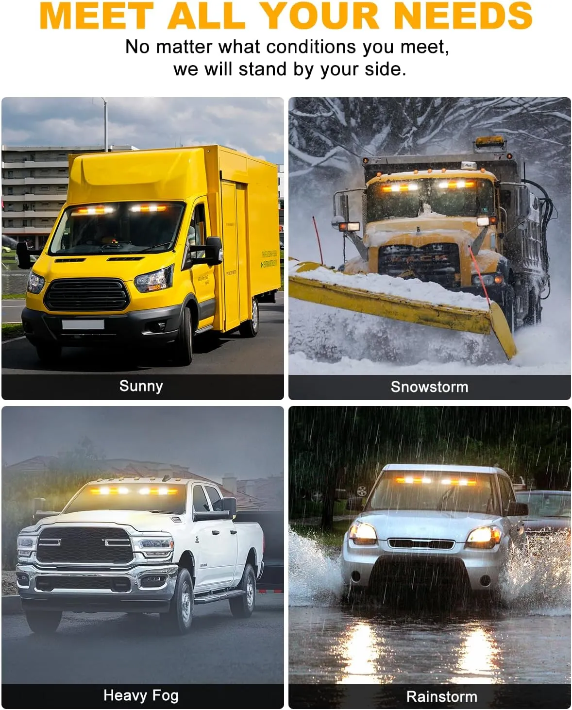 HLAUTO 6Z4J Emergency Dash Strobe Lights: 2x16.8 inch Amber White Safety Lights, 48 LED Flashing Warning Hazard Interior Windshield Visor Traffic Light Bars for Trucks, Construction Vehicles