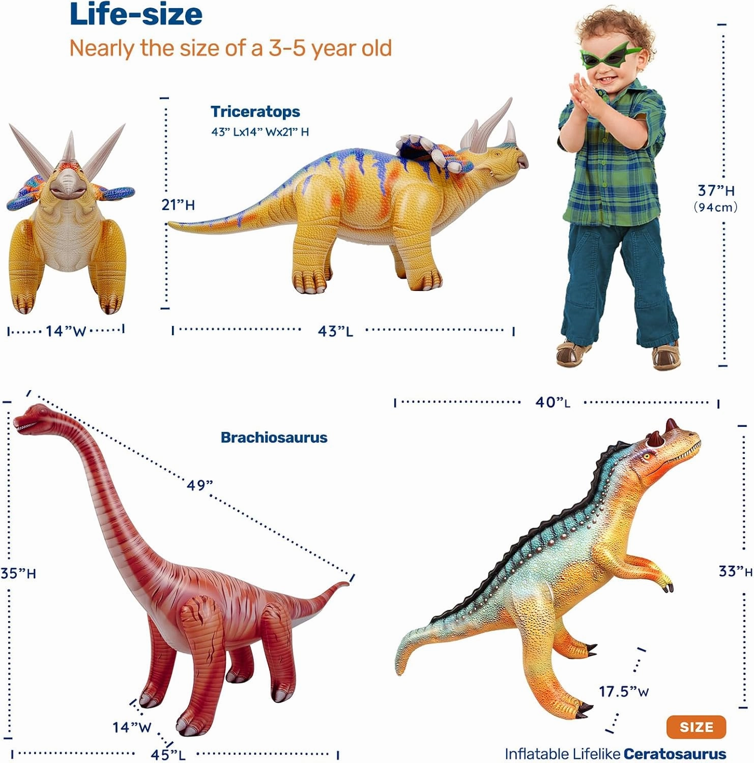 HOHQB 3 pack Inflatable Dinosaur Jurassic Birthday Party Supplies Giant Blow up Dinosaur Birthday Decorations Balloons for Kids (Triceratops Brachiosaurus Ceratosaurus)