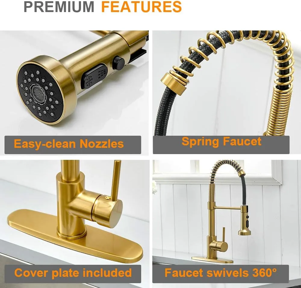 Hoimpro Brushed Gold High Arc Spring Kitchen Faucet with Pull Down Sprayer, Commercial Rv Single Lever Kitchen Sink Faucet,3 Function Single Handle Laundry Faucet, Brushed Gold (1 or 3 Hole)