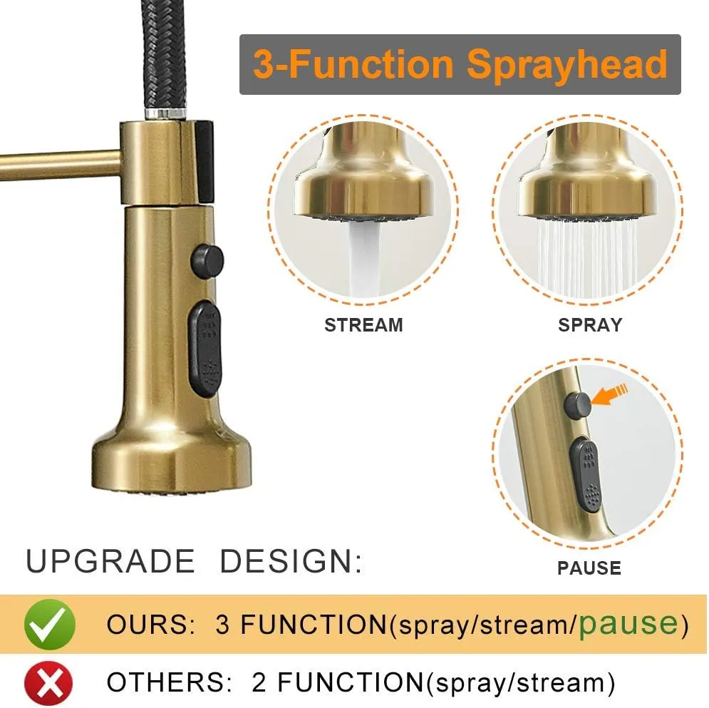 Hoimpro Brushed Gold High Arc Spring Kitchen Faucet with Pull Down Sprayer, Commercial Rv Single Lever Kitchen Sink Faucet,3 Function Single Handle Laundry Faucet, Brushed Gold (1 or 3 Hole)