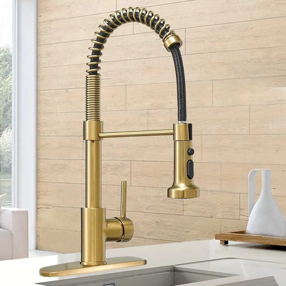 Hoimpro Brushed Gold High Arc Spring Kitchen Faucet with Pull Down Sprayer, Commercial Rv Single Lever Kitchen Sink Faucet,3 Function Single Handle Laundry Faucet, Brushed Gold (1 or 3 Hole)