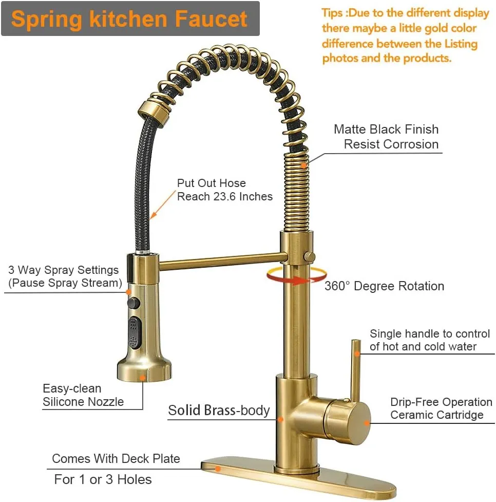 Hoimpro Brushed Gold High Arc Spring Kitchen Faucet with Pull Down Sprayer, Commercial Rv Single Lever Kitchen Sink Faucet,3 Function Single Handle Laundry Faucet, Brushed Gold (1 or 3 Hole)