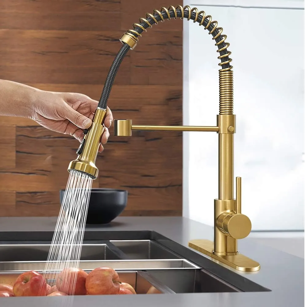 Hoimpro Brushed Gold High Arc Spring Kitchen Faucet with Pull Down Sprayer, Commercial Rv Single Lever Kitchen Sink Faucet,3 Function Single Handle Laundry Faucet, Brushed Gold (1 or 3 Hole)