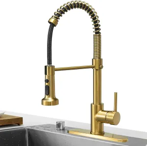 Hoimpro Brushed Gold High Arc Spring Kitchen Faucet with Pull Down Sprayer, Commercial Rv Single Lever Kitchen Sink Faucet,3 Function Single Handle Laundry Faucet, Brushed Gold (1 or 3 Hole)