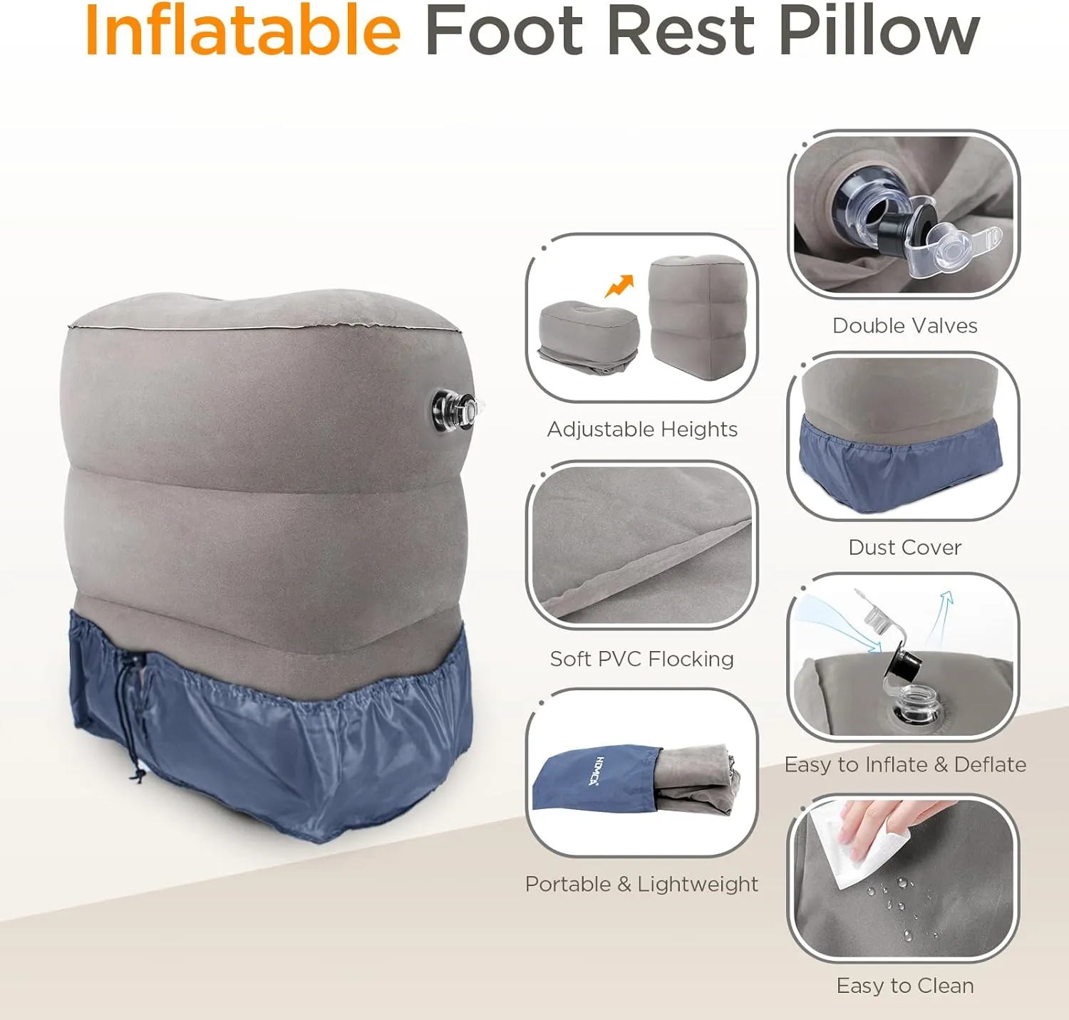 HOMCA Inflatable Travel Foot Rest Pillow, Adjustable Height Leg Pillow，Fast Inflating Airplane Bed for Toddlers，Footrest Pillow for Office, Airplane，Train，Cars，Home