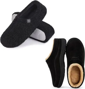 HomeTop Couple’s Set of 2 Pairs - Microsuede Slip-on Moccasin Slippers (Size 7-8, Dark Black) - Curly Teddy Fur Slippers (Size 5-6, Black)