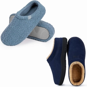 HomeTop Couple’s Set of 2 Pairs - Microsuede Slip-on Moccasin Slippers (Size 11-12, Navy Blue) - Curly Teddy Fur Slippers (Size 9-10, Cerulean)