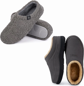 HomeTop Couple’s Set of 2 Pairs - Microsuede Slip-on Moccasin Slippers (Size 7-8, Gray) - Curly Teddy Fur Slippers (Size 5-6, Gray)