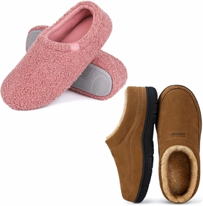 HomeTop Couple’s Set of 2 Pairs - Microsuede Slip-on Moccasin Slippers (Size 9-10, Chestnut) - Curly Teddy Fur Slippers (Size 7-8, Pink)