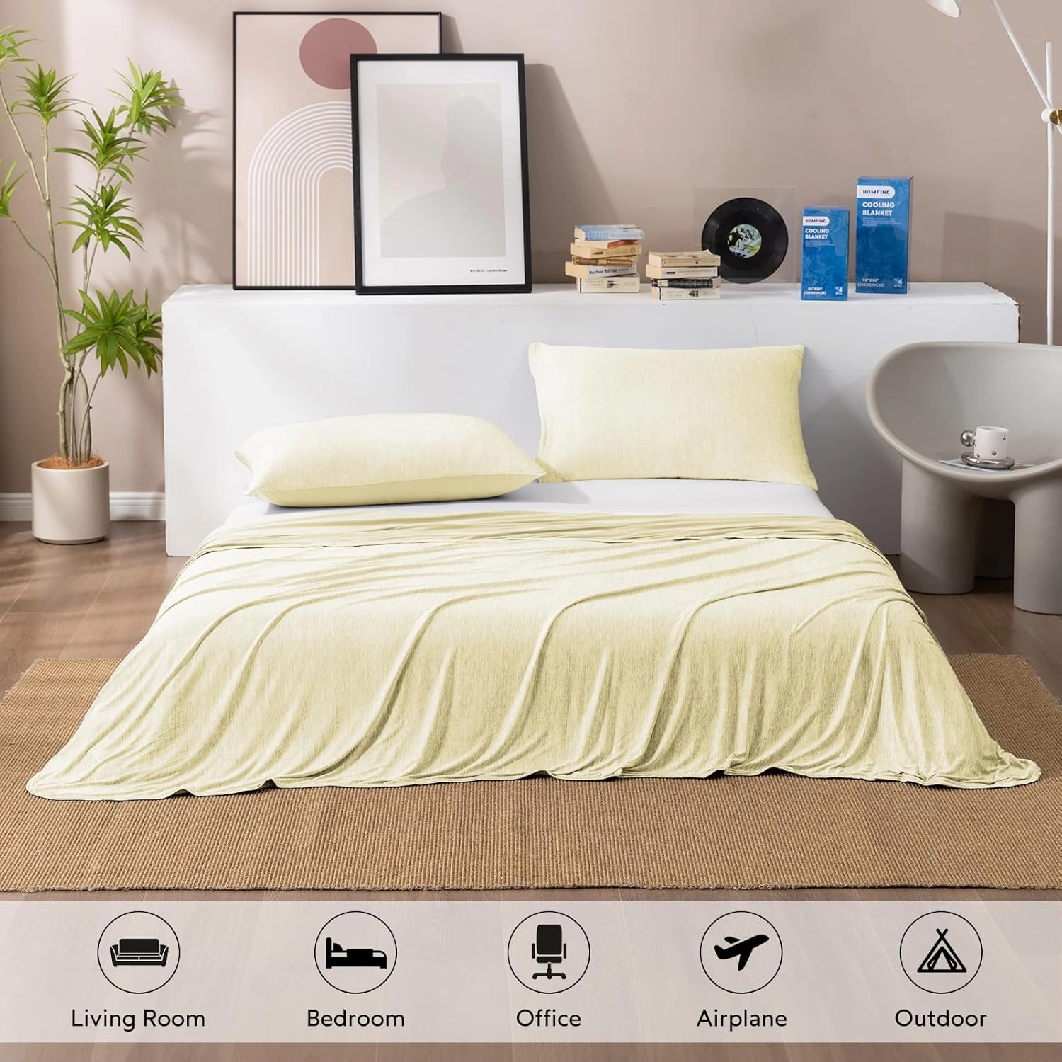 HOMFINE Cooling Blankets for Hot Sleepers - Summer Blanket Thin Lightweight Breathable Soft Double Side Enhanced Cooling for Bed Couch Sofa, Keep Cool for Night Sweats (Beige, 90 x 90 inches)