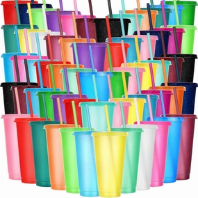 Honeydak 100 Pack Tumbler with Straw and Lid Bulk Glitter Plastic Cups Water Bottle Iced Coffee Travel Mug Reusable Party Favor Cups for Birthdays travel 24-27 oz (Vintage Color)