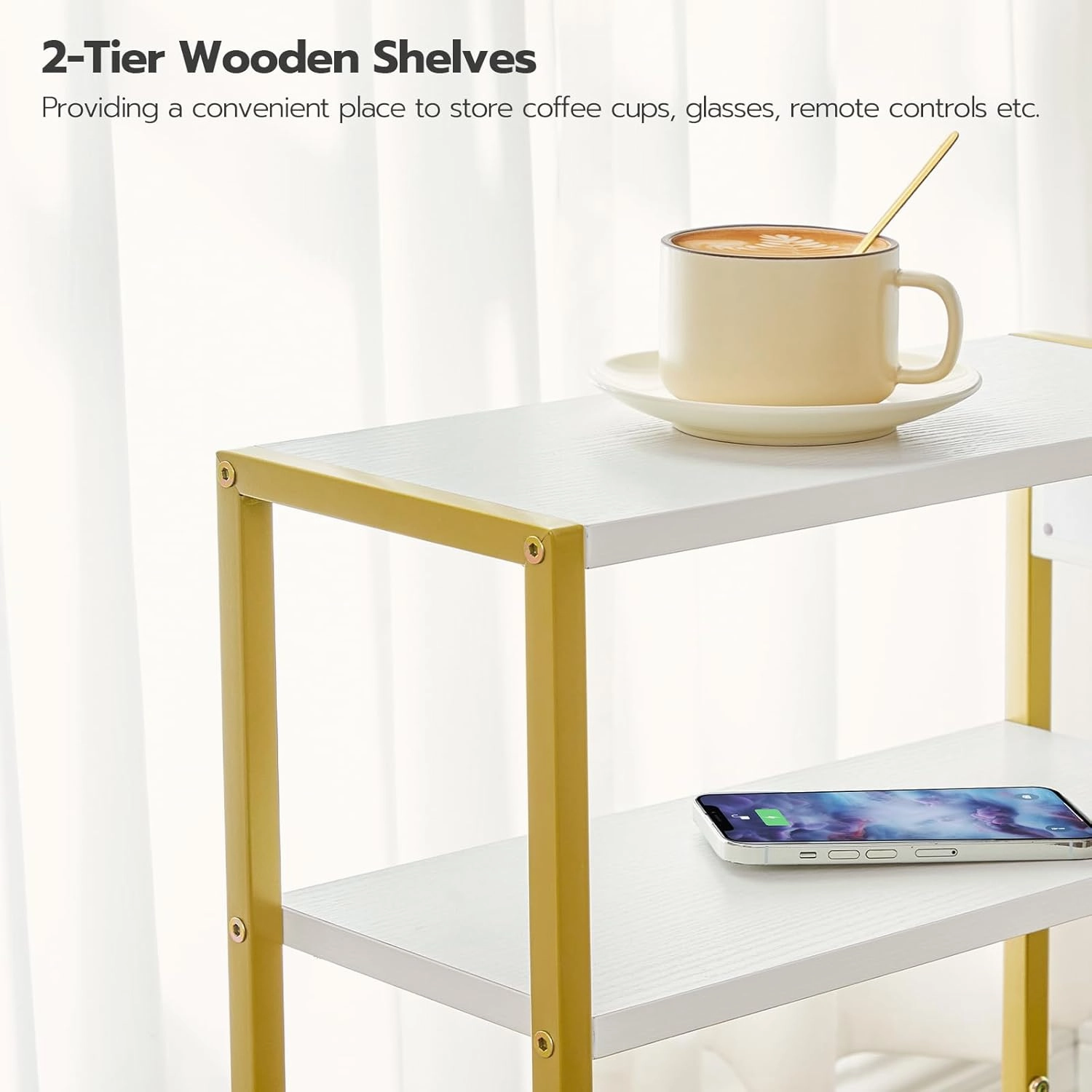 HOOBRO Narrow Side Table, End Table with Charging Station, 3-Tier Nightstand, Bedside Table with 2 Wooden Shelves and Magazine Sling, for Small Space, Living Room, Bedroom, White and Gold DW103UBZ01
