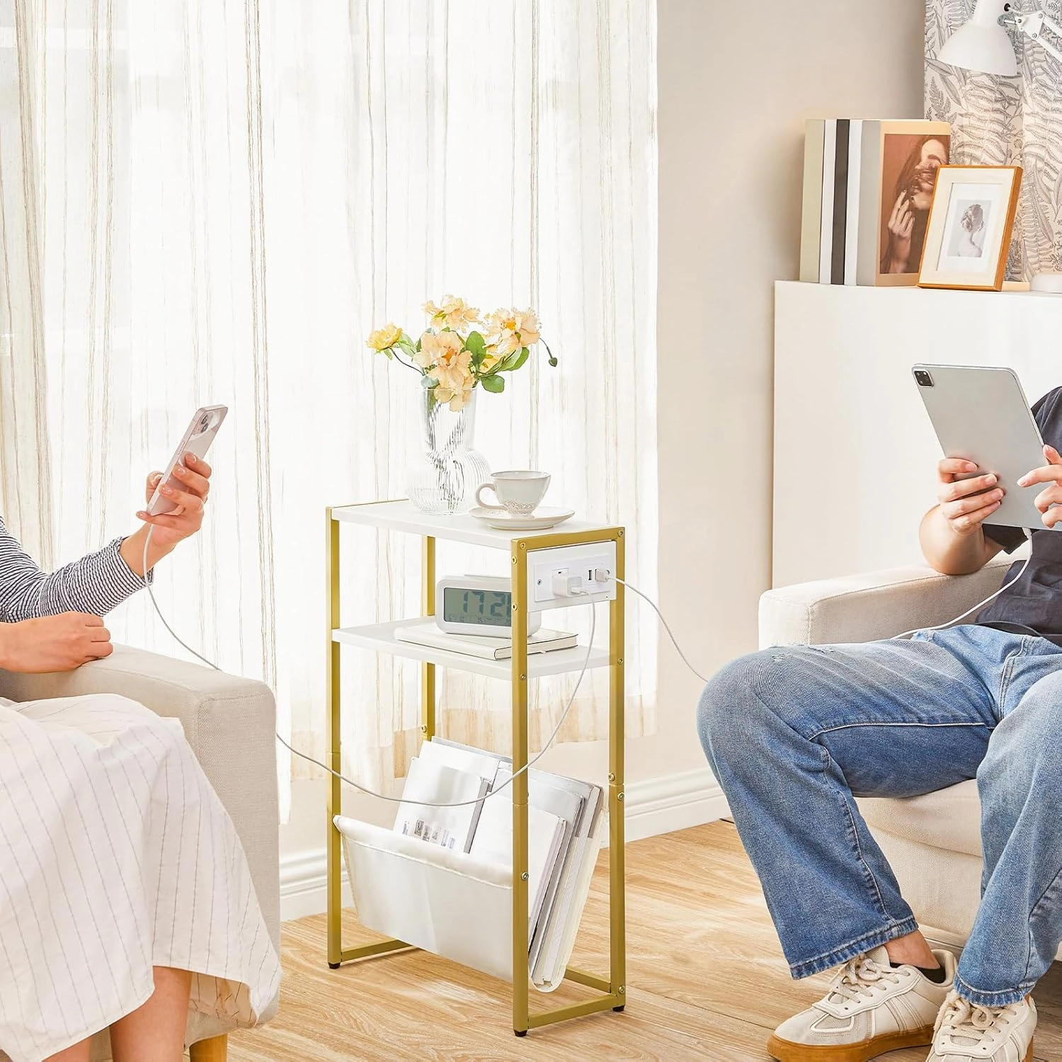 HOOBRO Narrow Side Table, End Table with Charging Station, 3-Tier Nightstand, Bedside Table with 2 Wooden Shelves and Magazine Sling, for Small Space, Living Room, Bedroom, White and Gold DW103UBZ01
