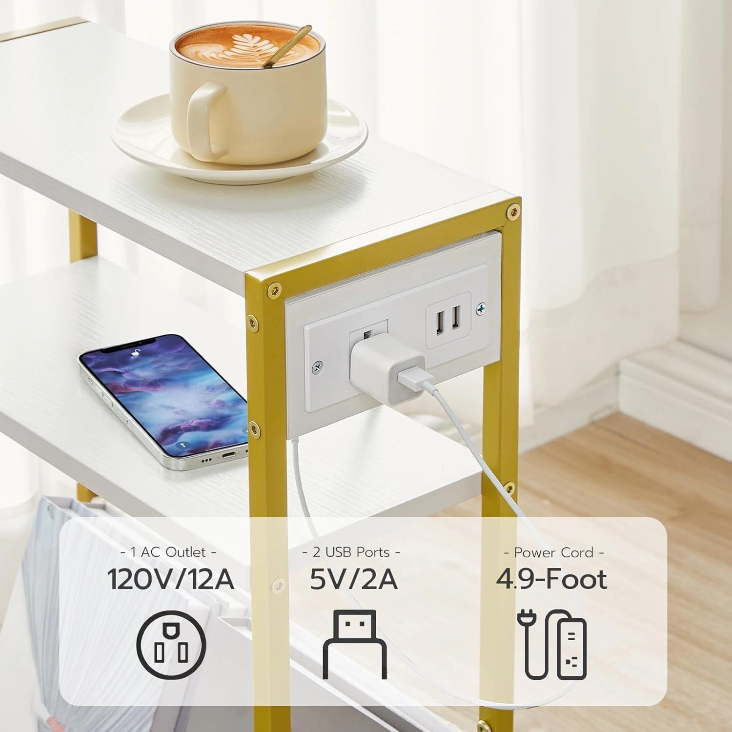 HOOBRO Narrow Side Table, End Table with Charging Station, 3-Tier Nightstand, Bedside Table with 2 Wooden Shelves and Magazine Sling, for Small Space, Living Room, Bedroom, White and Gold DW103UBZ01