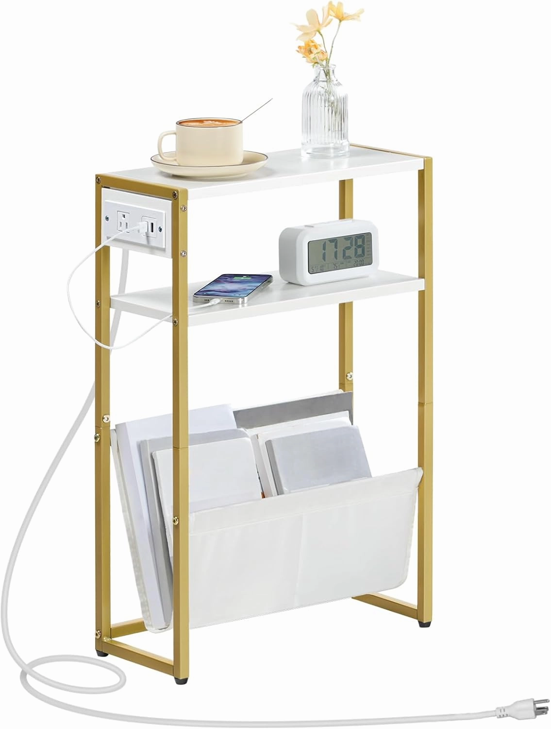 HOOBRO Narrow Side Table, End Table with Charging Station, 3-Tier Nightstand, Bedside Table with 2 Wooden Shelves and Magazine Sling, for Small Space, Living Room, Bedroom, White and Gold DW103UBZ01