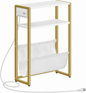 HOOBRO Narrow Side Table, End Table with Charging Station, 3-Tier Nightstand, Bedside Table with 2 Wooden Shelves and Magazine Sling, for Small Space, Living Room, Bedroom, White and Gold DW103UBZ01