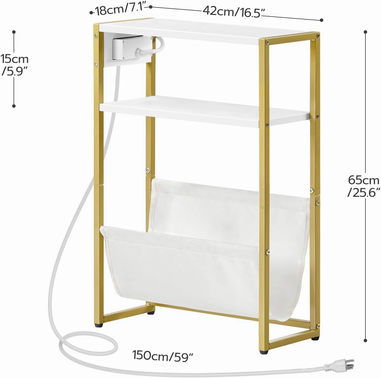 HOOBRO Narrow Side Table, End Table with Charging Station, 3-Tier Nightstand, Bedside Table with 2 Wooden Shelves and Magazine Sling, for Small Space, Living Room, Bedroom, White and Gold DW103UBZ01