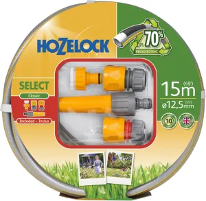 HOZELOCK - Select Hose 12.5mm x 15m Starter Set, Up To 70% Recycled PVC, Braided Reinforcement, Hard-Wearing Garden Hose, Quality and Durability, Fittings Included [100-100-581]