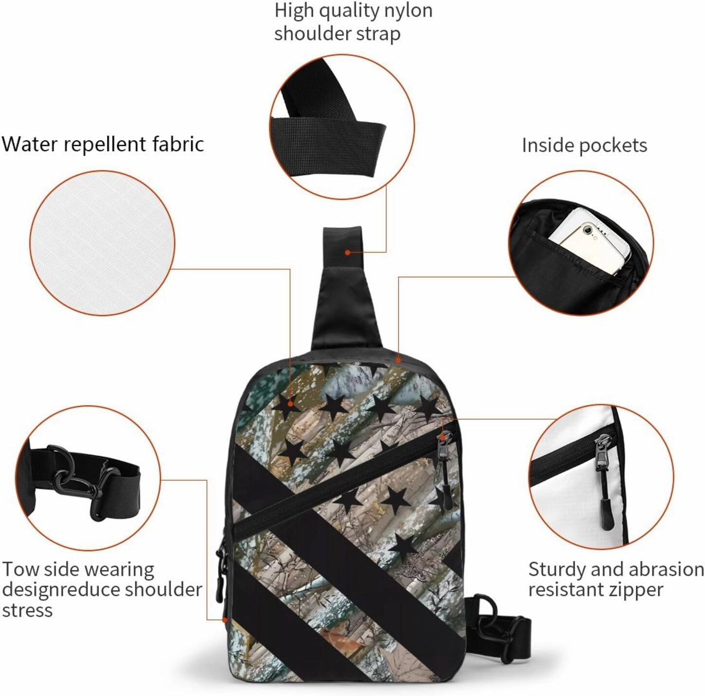 Hunting Camouflage American Flag Portable Sling Bags Packable Crossbody Bag Foldable Sport Daypack Reusable Shoulder Backpack Diagonally Chest Bag for Workout Travel