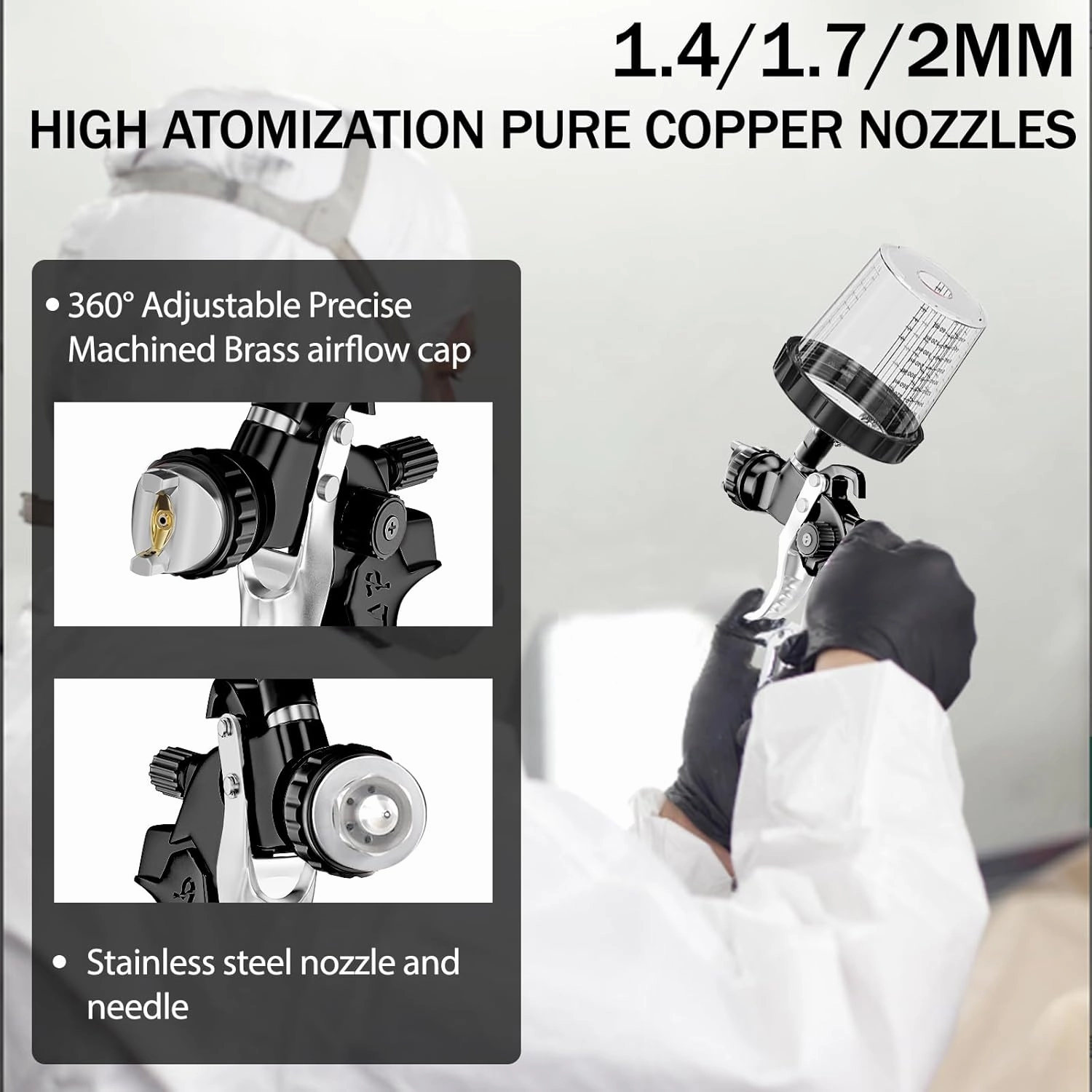 HVLP Air Spray Gun with 1.4/1.7/2mm Nozzles & Air Compressor Regulator, Air Spray Paint Gun w/10pcs 600cc Mixing Cup and Lids, Automotive Paint Sprayer for Car, House Painting, Furniture