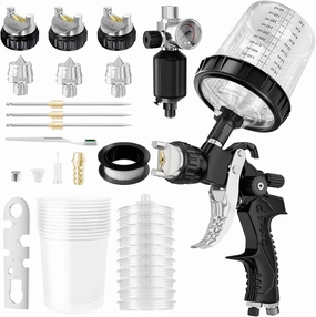 HVLP Air Spray Gun with 1.4/1.7/2mm Nozzles & Air Compressor Regulator, Air Spray Paint Gun w/10pcs 600cc Mixing Cup and Lids, Automotive Paint Sprayer for Car, House Painting, Furniture