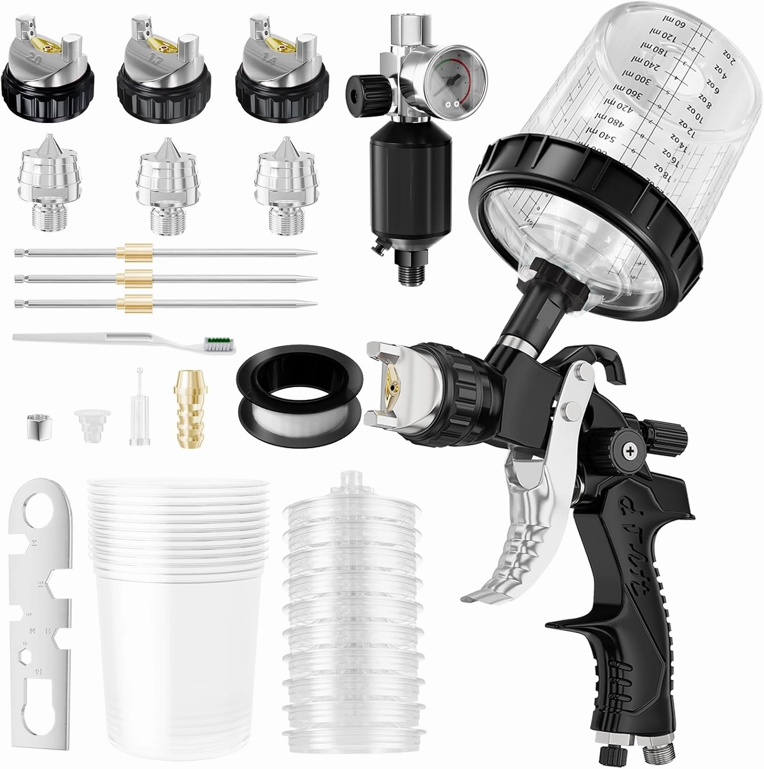HVLP Air Spray Gun with 1.4/1.7/2mm Nozzles & Air Compressor Regulator, Air Spray Paint Gun w/10pcs 600cc Mixing Cup and Lids, Automotive Paint Sprayer for Car, House Painting, Furniture