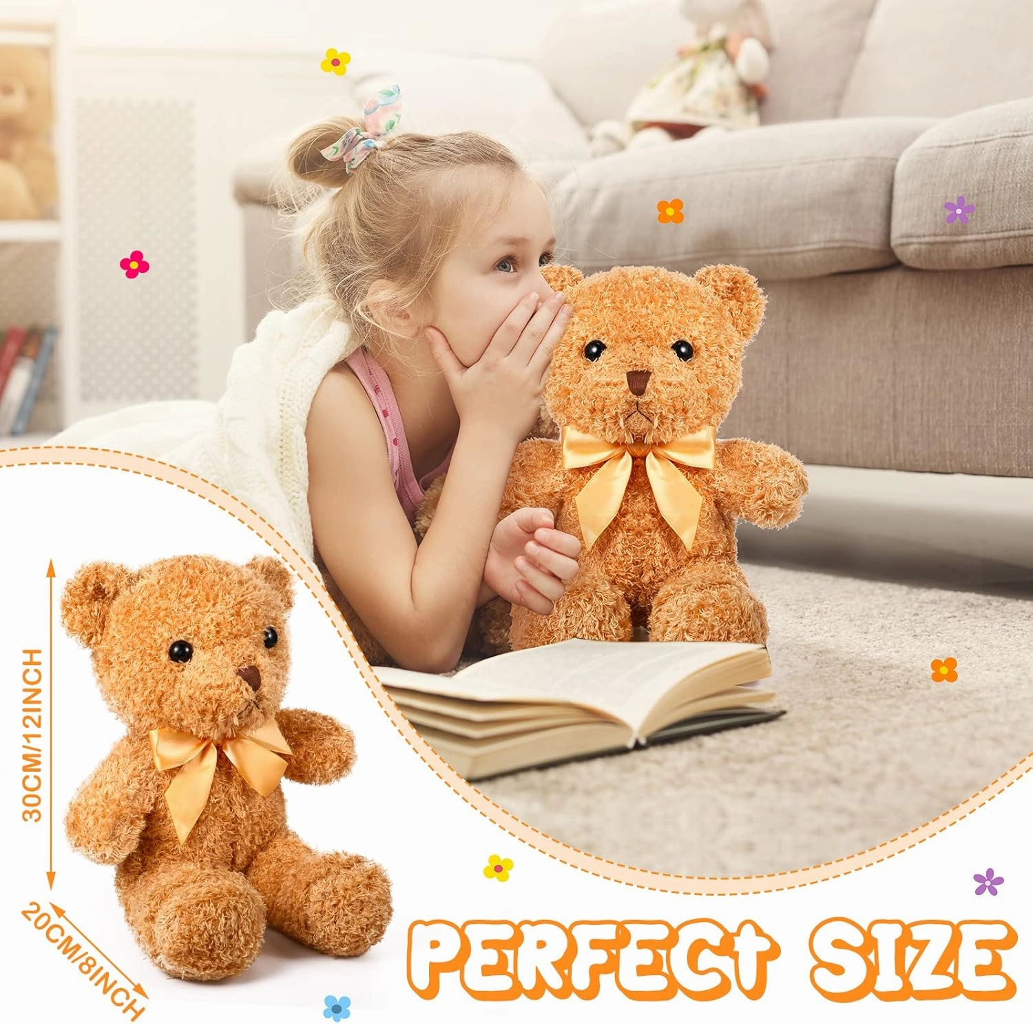 HyDren 12 Pack 12 Inch Stuffed Bear Animal Cute Bulk Plush Toys with Ribbon Bow Ties Soft Bears for Baby Shower Birthday Party Favors(Light Brown)