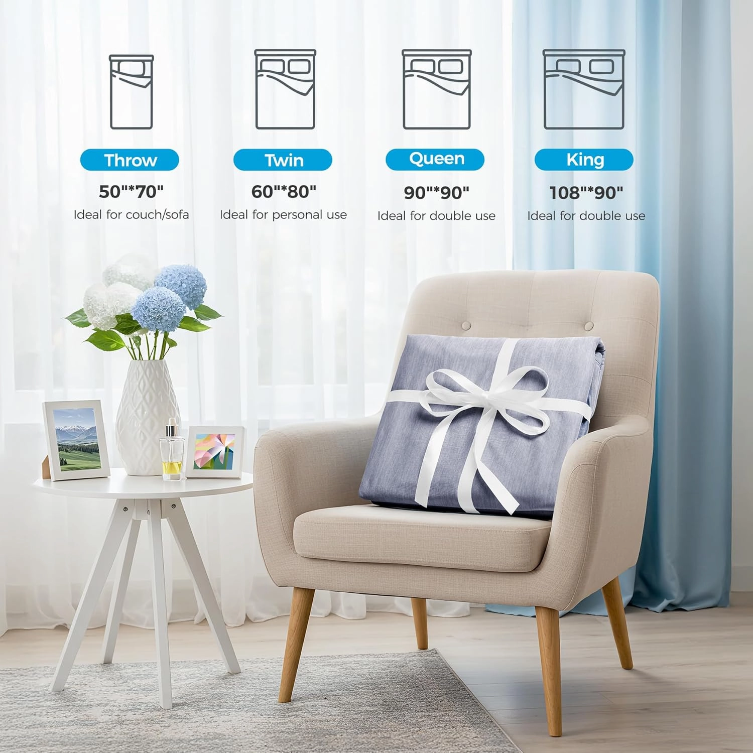 HYLEORY Cooling Blankets for Hot Sleepers, Cool Summer Blanket Keep Body Cool for Night Sweats Double Sided Lightweight Breathable Blanket for Bed Couch Sofa, Queen (90"x90"), Blue