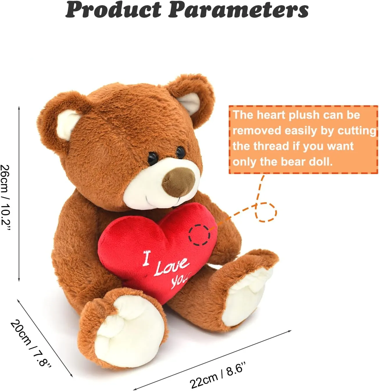 I Love You! 10'' Teddy Bear with Red Heart, Soft Plush Bear Doll Stuffed Animal Toys, Gifts for Her/Girlfriend Lover Mom Kids (Brown)