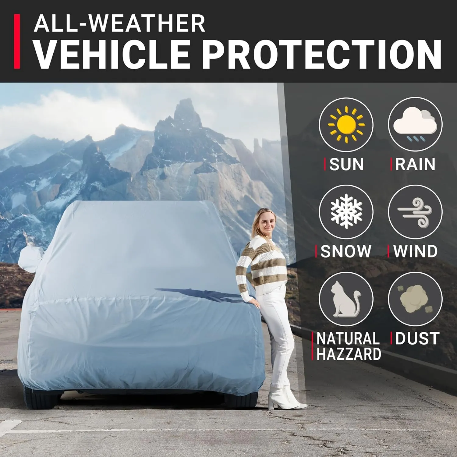 iCarCover 100-Layer SUV Car Cover Waterproof All Weather, Premium Quality Car Covers, UV Protection, Excursion, Navigator L, Escalade ESV, Suburban, Yukon XL, Black Badge, Size S58 (See Size Chart)